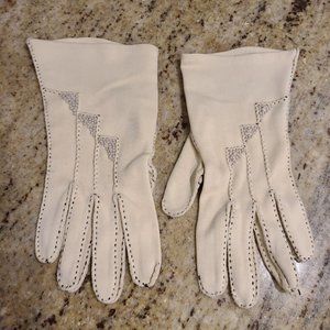 Vintage Size S 6 Yellow Cotton Stretch Formal Gloves Hand Stitch Embroidered